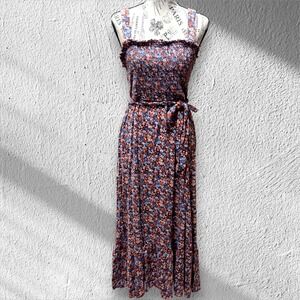 Universal Thread Maxi Dress Blue Floral Smocked Ruffle Size L Boho Cottagecore
